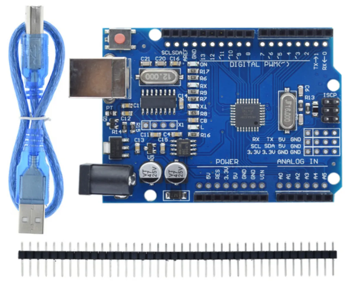 Arduino UNO R3 kompatybilny, w zestawie kabel USB i piny header.