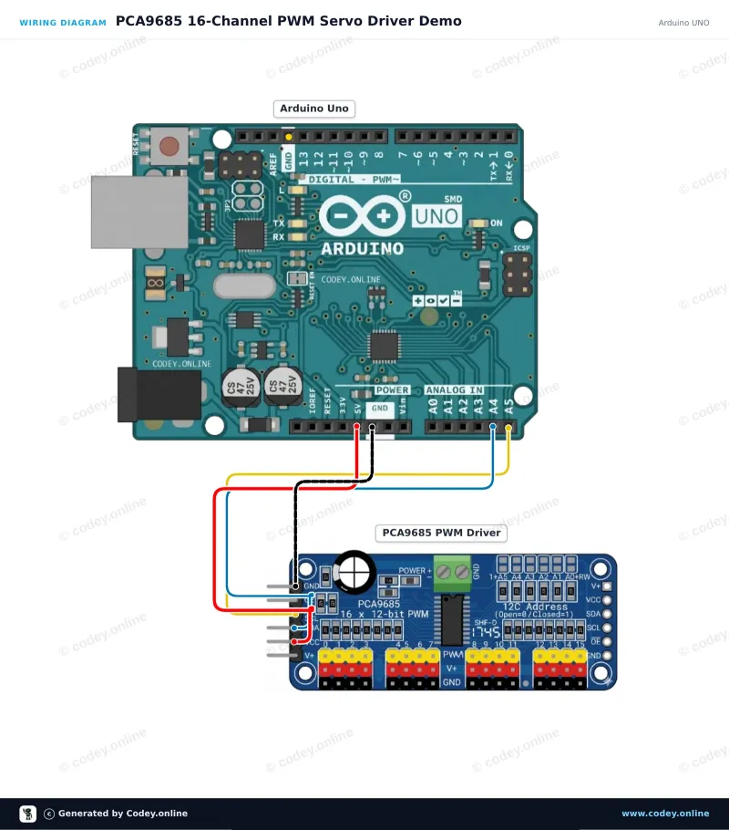 Schemat podłączenia: 16-kanałowy 12-bitowy sterownik PWM Servo I2C na Arduino UNO