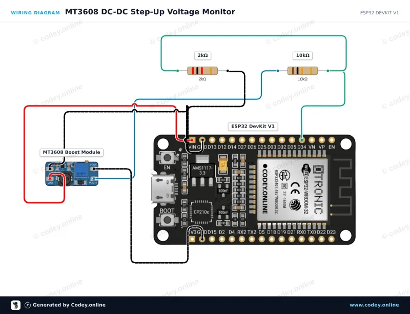 Schemat podłączenia: MT3608 2A Max DC-DC Step Up Power Module Booster Power Module na ESP32 DevKit V1