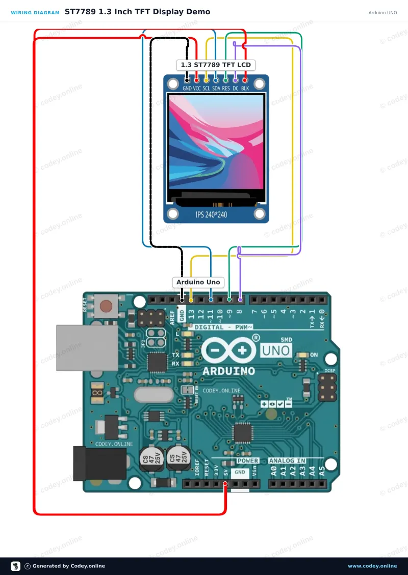Schemat podłączenia: 1.3-calowy wyświetlacz SPI TFT LCD RGB (ST7789, 3.3V) na Arduino UNO